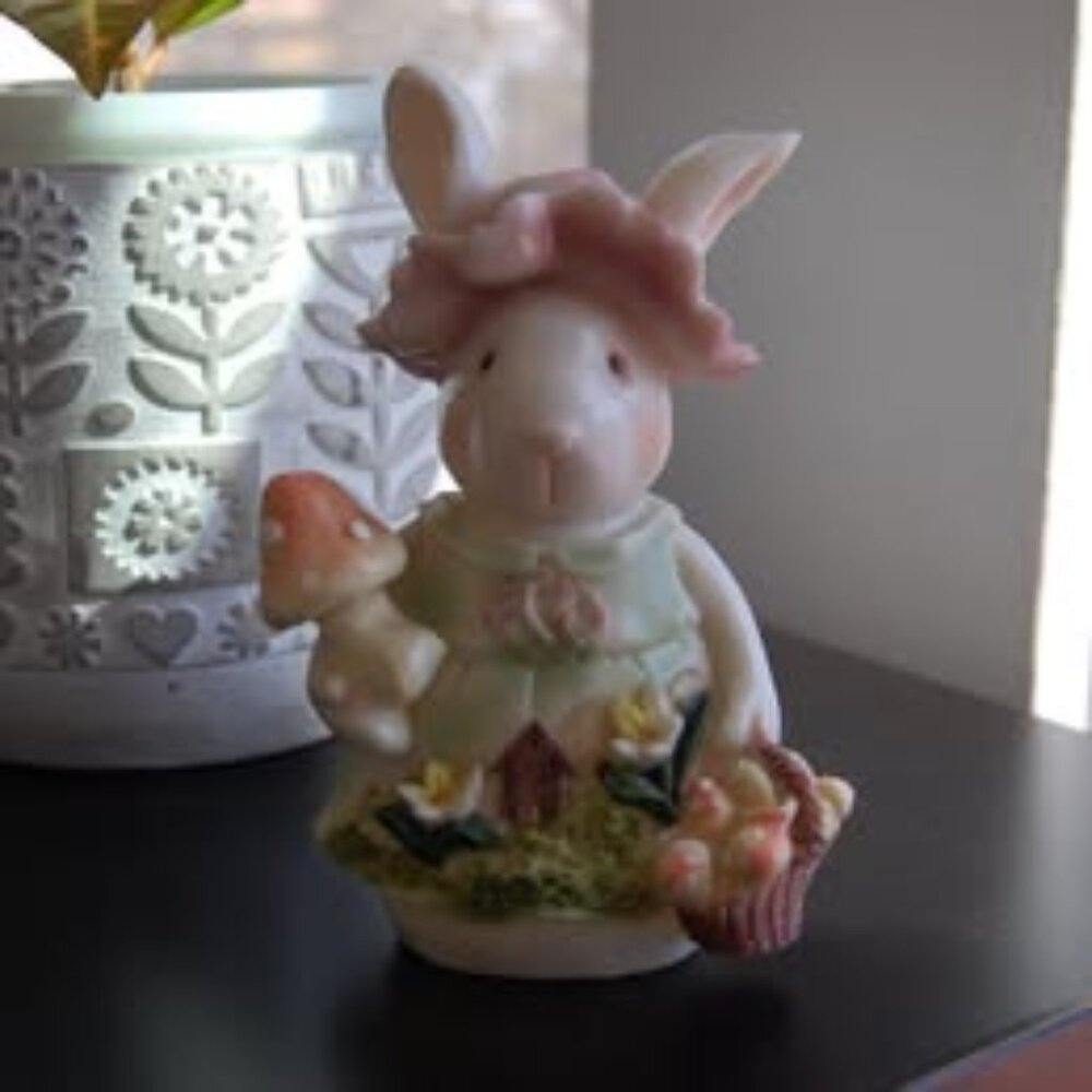 Vintage Easter Bunny Rabbit w/ Mushroom Basket Figurine Whimsical Cottagecore